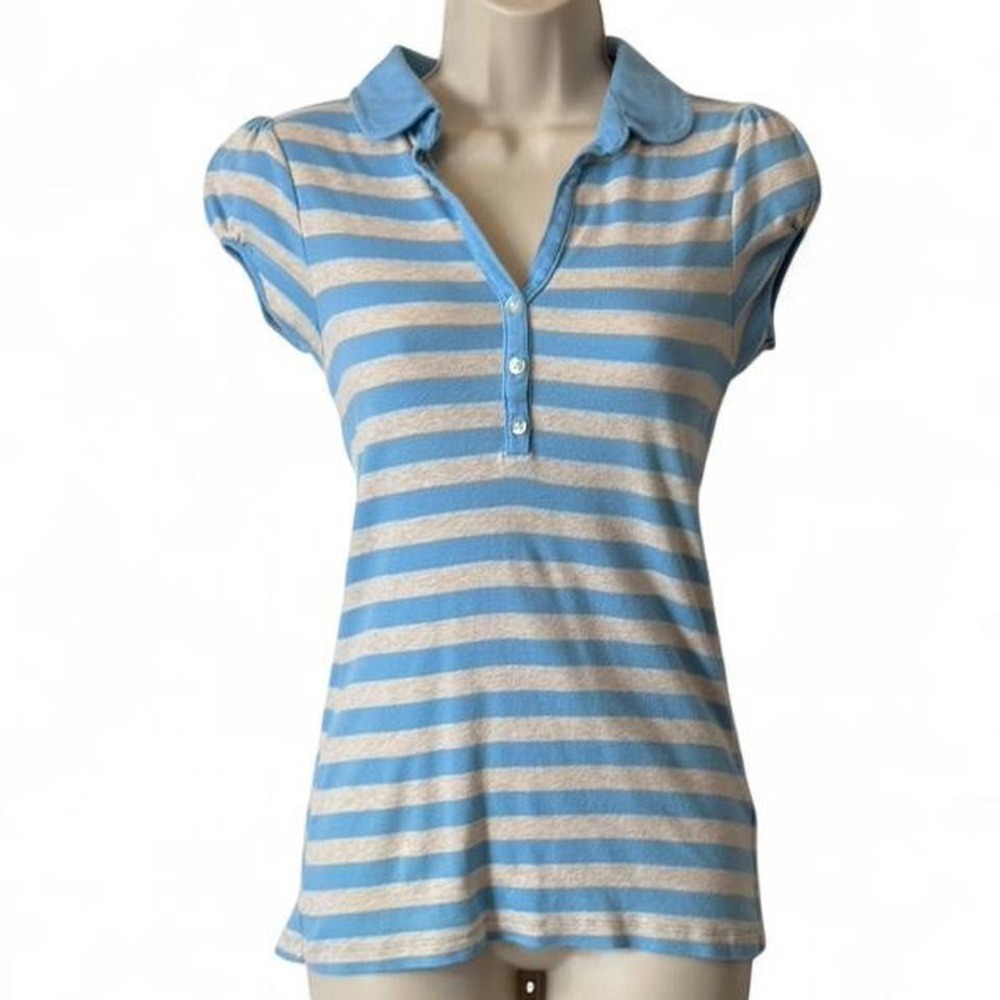 Y2K Fall 08 Old Navy Blue & Gray Striped Polo Shirt, Women's Size S